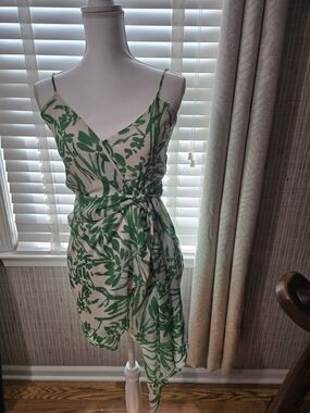 Lush Cream and Green Floral Faux Wrap Mini Dress Sz S